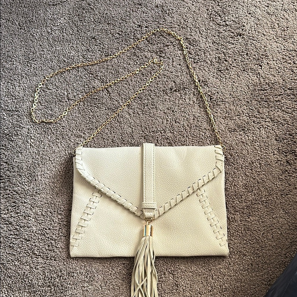 Cream Envelope Clutch with Tassel and Chain Strap